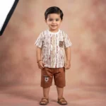KidsnWear Boys’ Premium Earth-Tone Abstract Stripe Tee and Cargo Shorts Set - Camel Brown