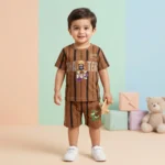 KidsnWear Boys’ Premium Ribbed Interlock Cotton "Skater Bear" Stripe Set - Brown