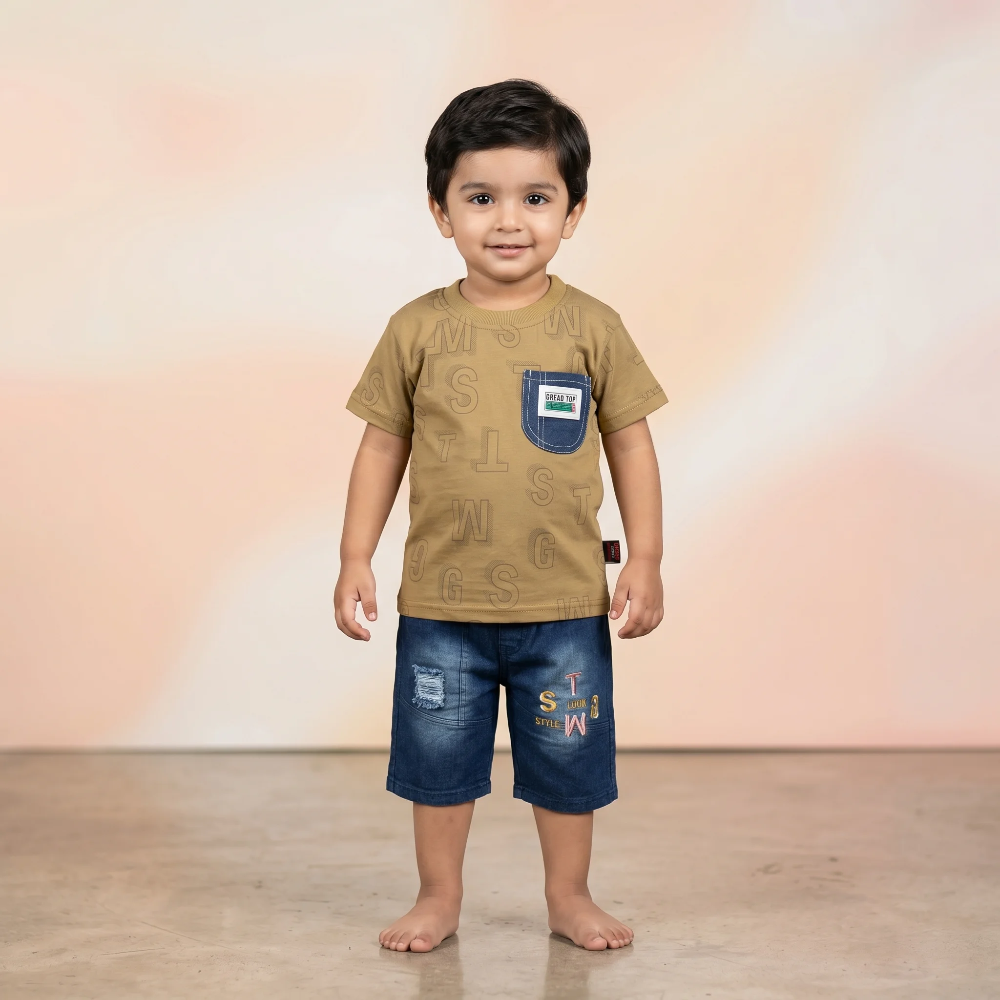 KidsnWear Boys’ Lightweight Interlock Cotton Alphabet Print Tee and Denim-Style Shorts Set - Image 5