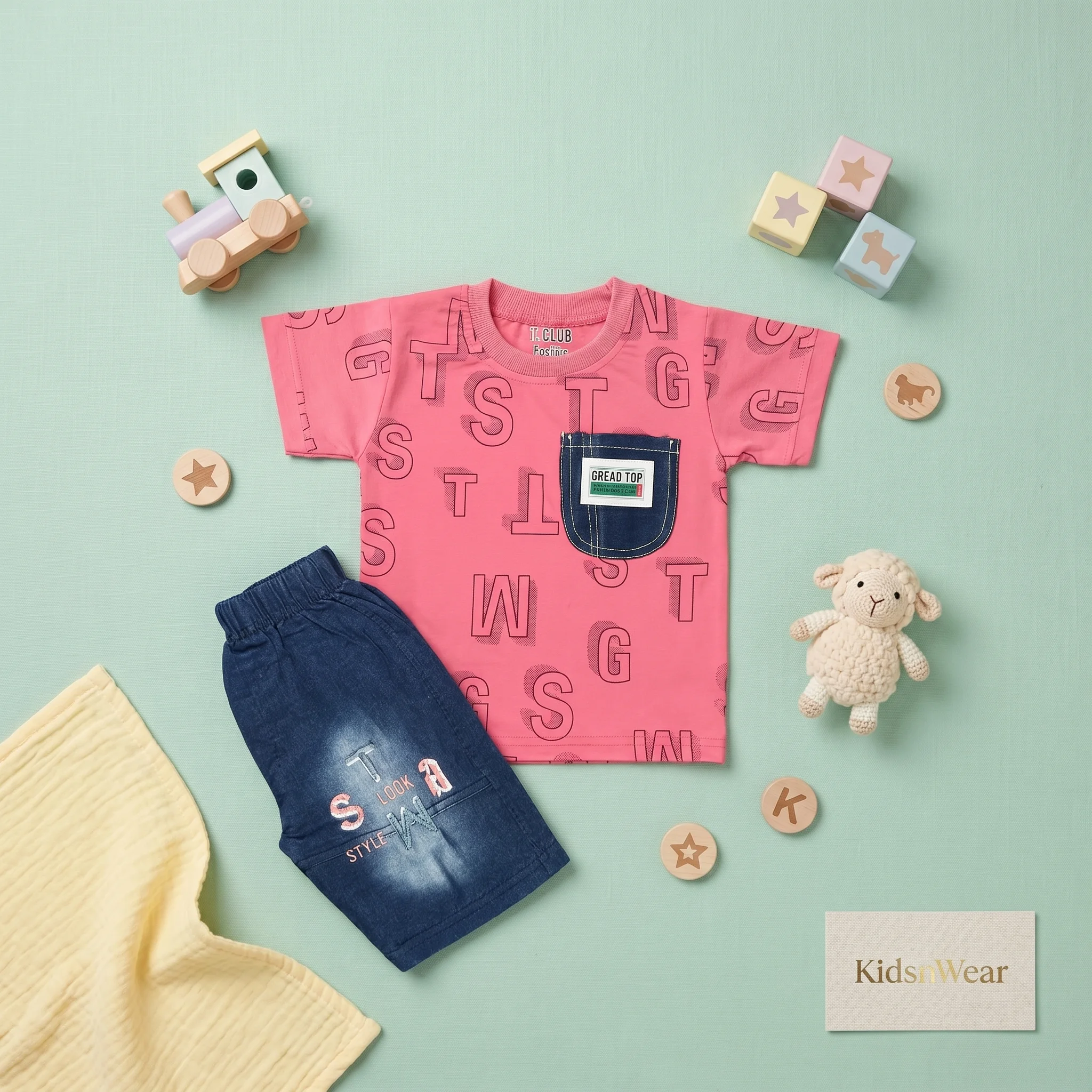 KidsnWear Boys’ Lightweight Interlock Cotton Alphabet Print Tee and Denim-Style Shorts Set - Image 2