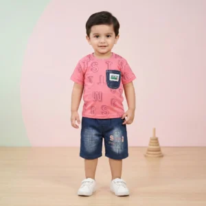 KidsnWear Boys’ Lightweight Interlock Cotton Alphabet Print Tee and Denim-Style Shorts Set