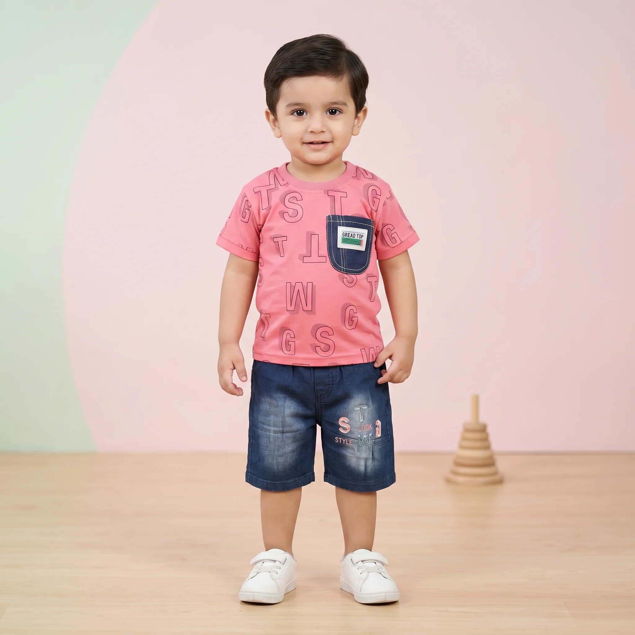 KidsnWear Boys’ Lightweight Interlock Cotton Alphabet Print Tee and Denim-Style Shorts Set