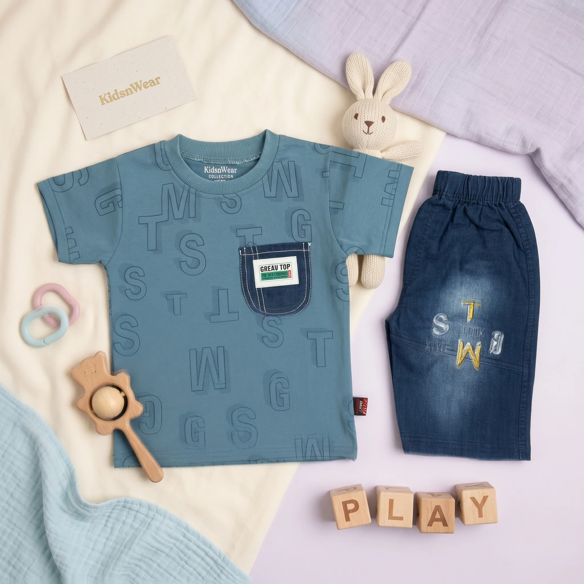 KidsnWear Boys’ Lightweight Interlock Cotton Alphabet Print Tee and Denim-Style Shorts Set - Image 4