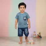 KidsnWear Boys’ Lightweight Interlock Cotton Alphabet Print Tee and Denim-Style Shorts Set - Dusty Blue