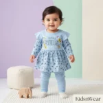 Today Smiles Premium Cotton Baby Girl Frock Set with Matching Pants – Floral Summer Outfit - Sky Blue