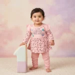 Today Smiles Premium Cotton Baby Girl Frock Set with Matching Pants – Floral Summer Outfit - Pink