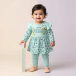 Today Smiles Premium Cotton Baby Girl Frock Set with Matching Pants – Floral Summer Outfit - Sea Green