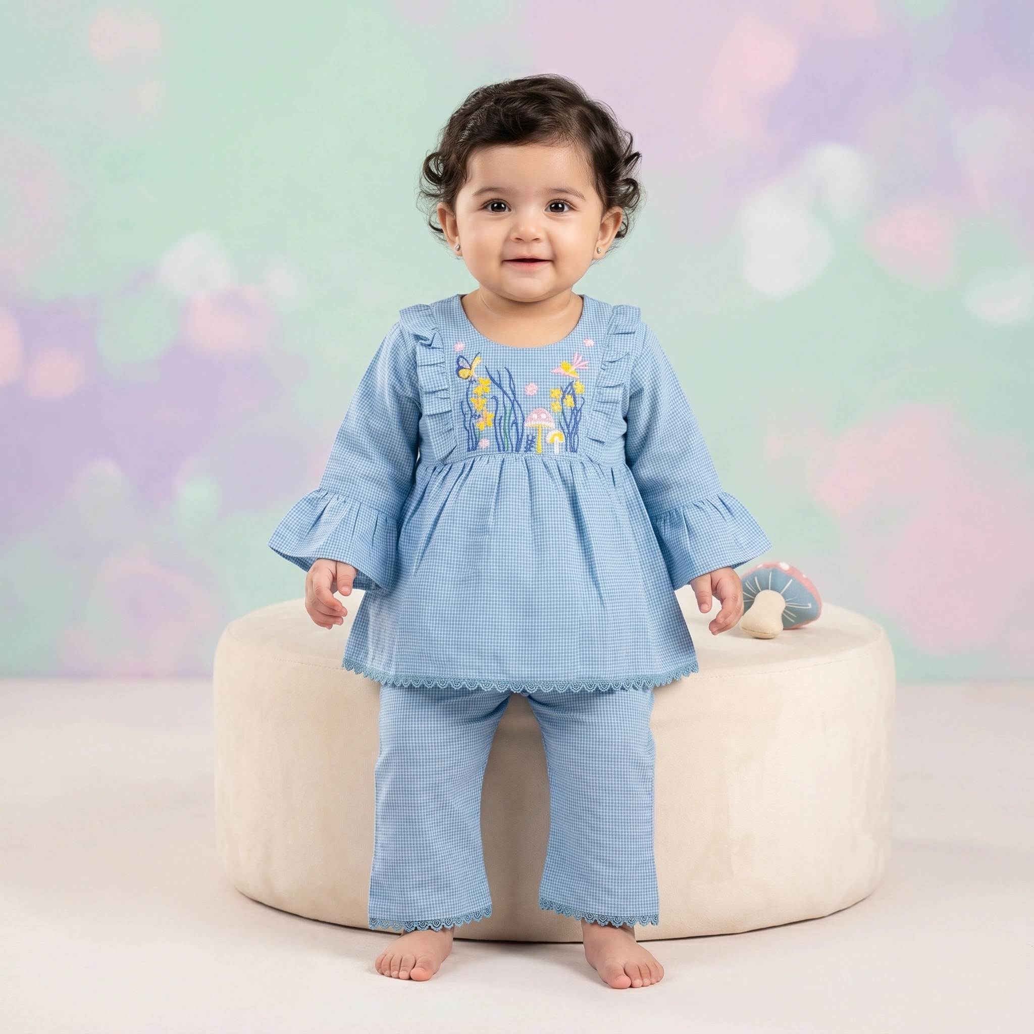 Baby girl nature-themed outfit featuring an embroidered tunic with butterflies and mushrooms, ruffled sleeves, and matching trousers on a dusty rose background.