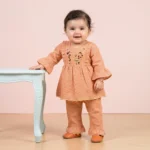 Baby Girls' Nature-Inspired Embroidered Peplum Tunic and Trouser Set - Orange