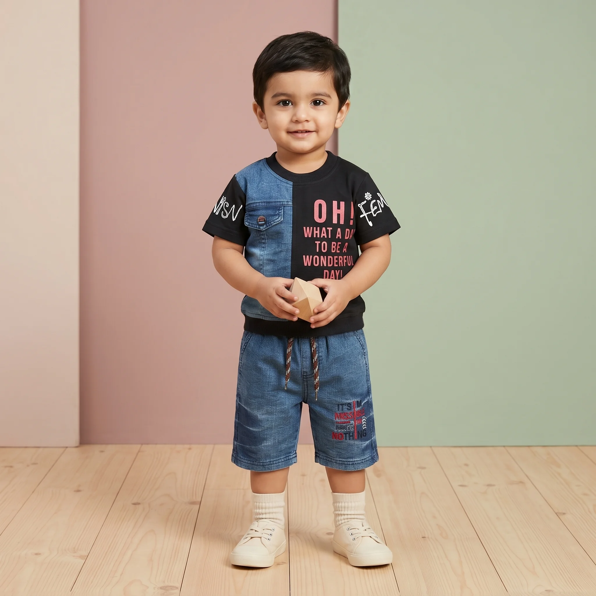 Boys' Typography Graphic Tee and Denim Shorts Casual Set - Image 5