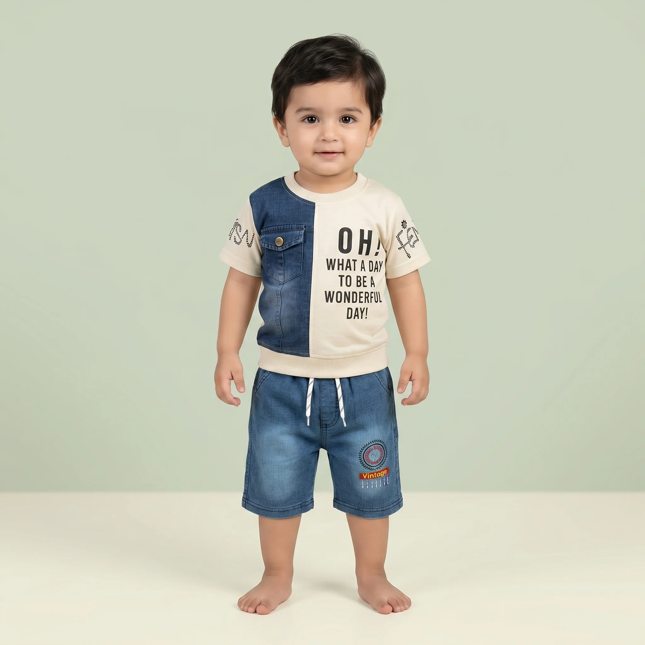 Boys' Typography Graphic Tee and Denim Shorts Casual Set - Image 3