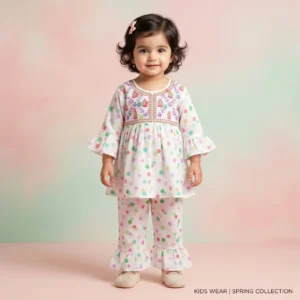KidsnWear Baby Girls’ Pure Cotton Polka Dot Embroidered Tunic and Ruffled Trouser Set