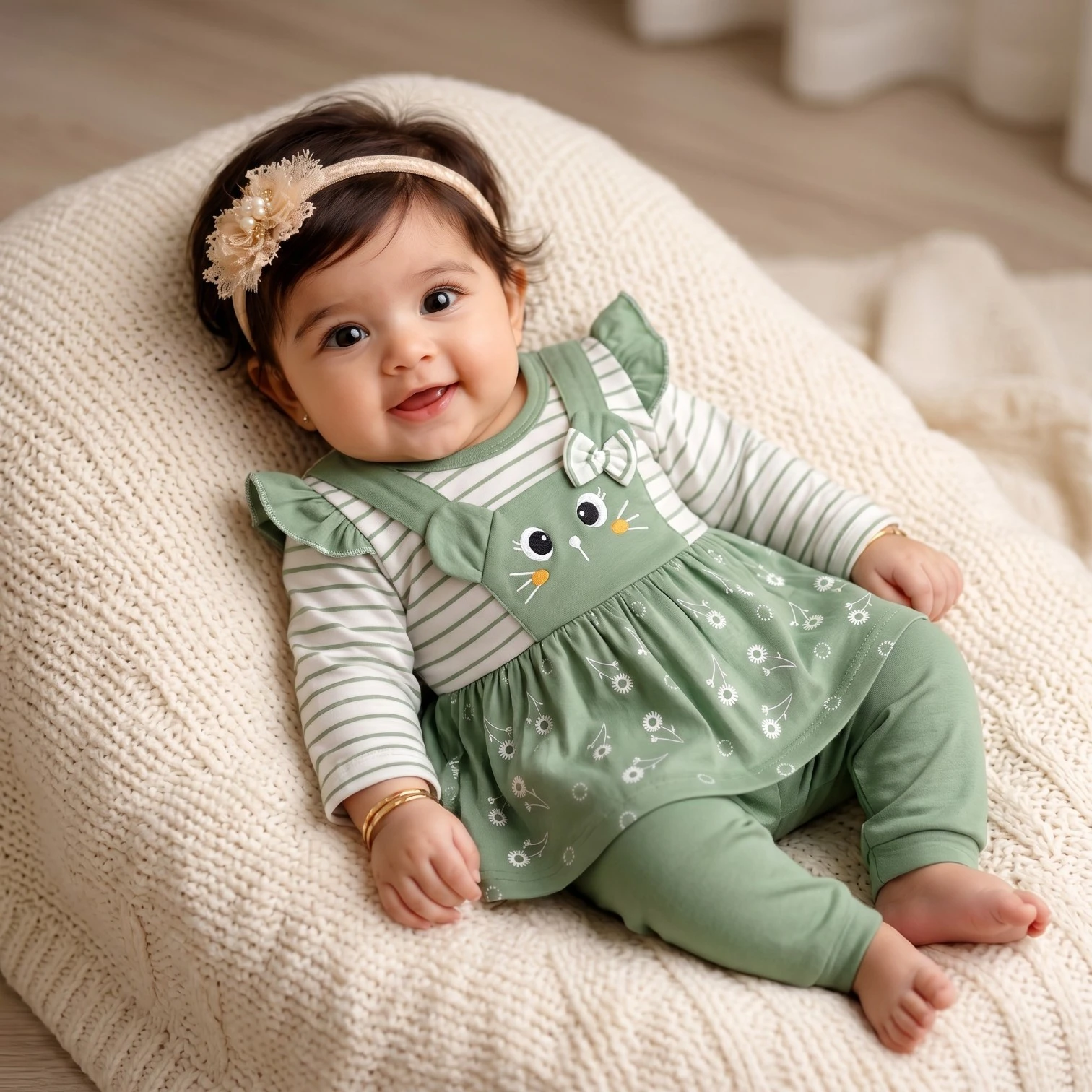 Cute Bunny Premium Cotton Baby Girl Dress Set with Matching Pants – Summer Outfit - Image 3