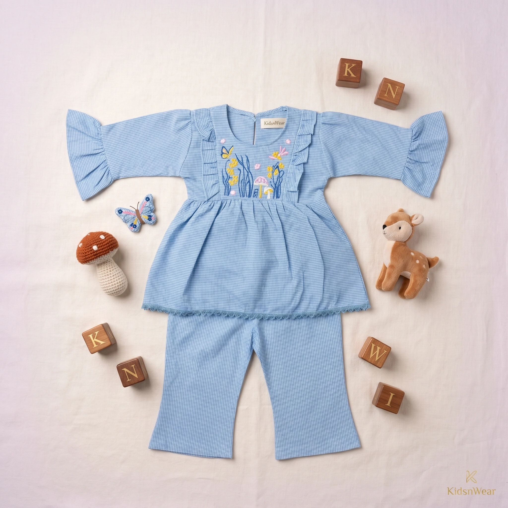 Baby girl nature-themed outfit featuring an embroidered tunic with butterflies and mushrooms, ruffled sleeves, and matching trousers on a dusty rose background.