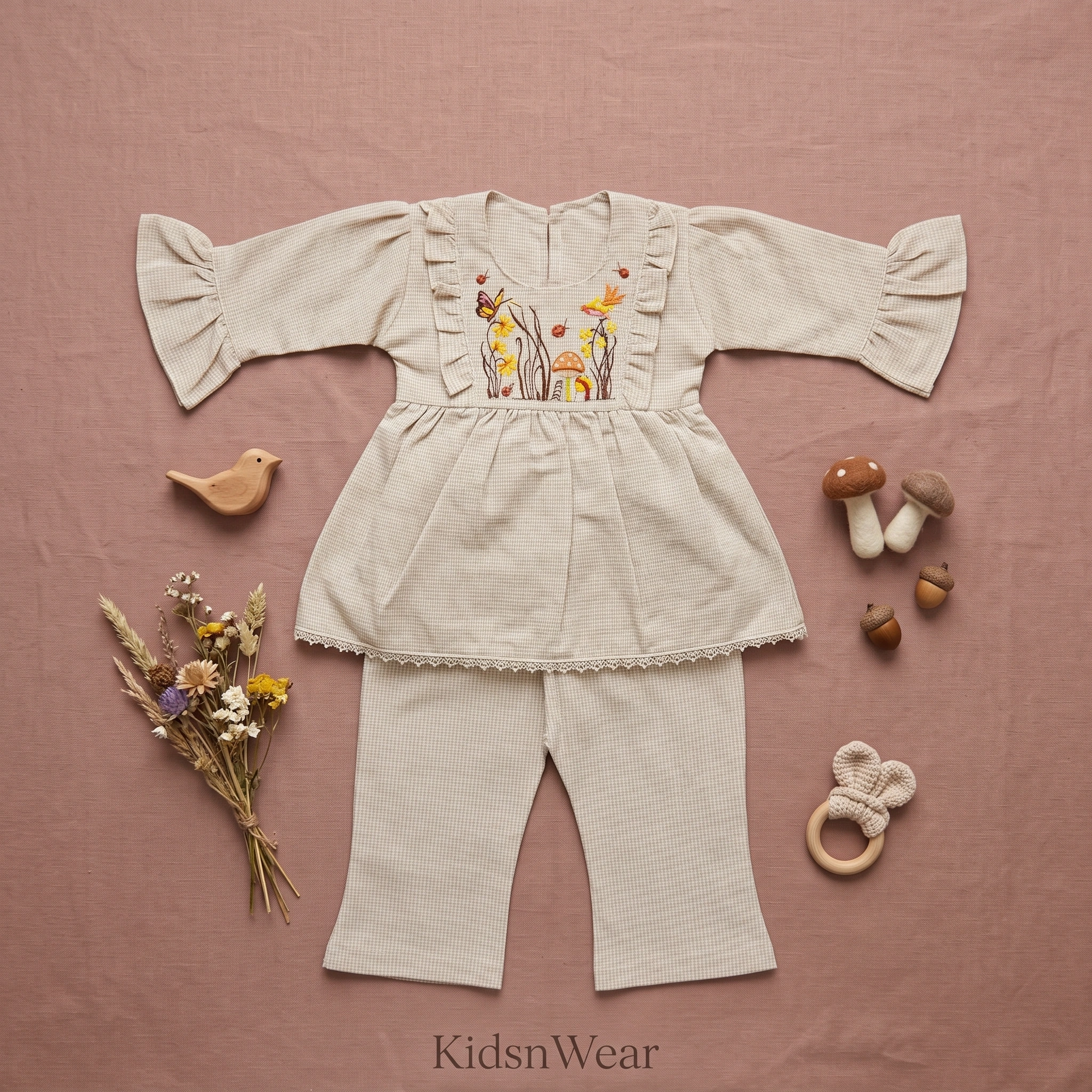 Baby girl nature-themed outfit featuring an embroidered tunic with butterflies and mushrooms, ruffled sleeves, and matching trousers on a dusty rose background.