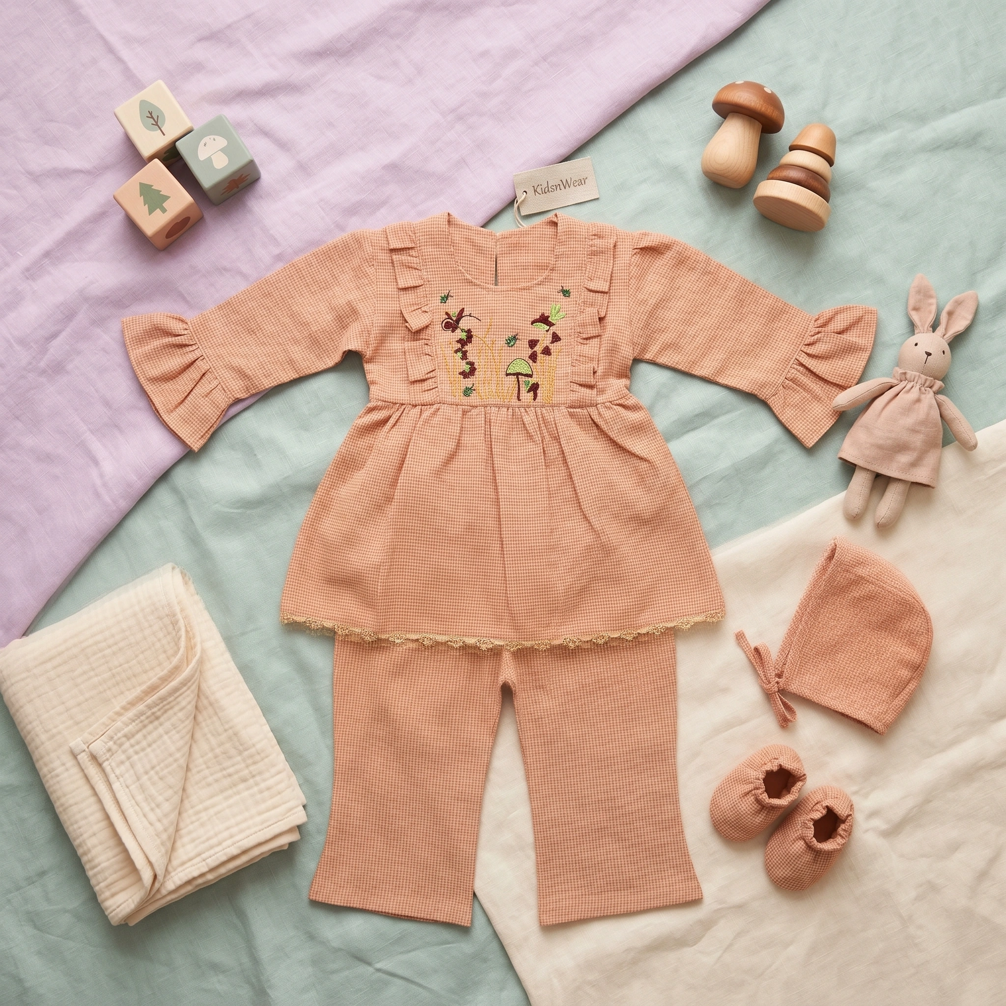 Baby girl nature-themed outfit featuring an embroidered tunic with butterflies and mushrooms, ruffled sleeves, and matching trousers on a dusty rose background.