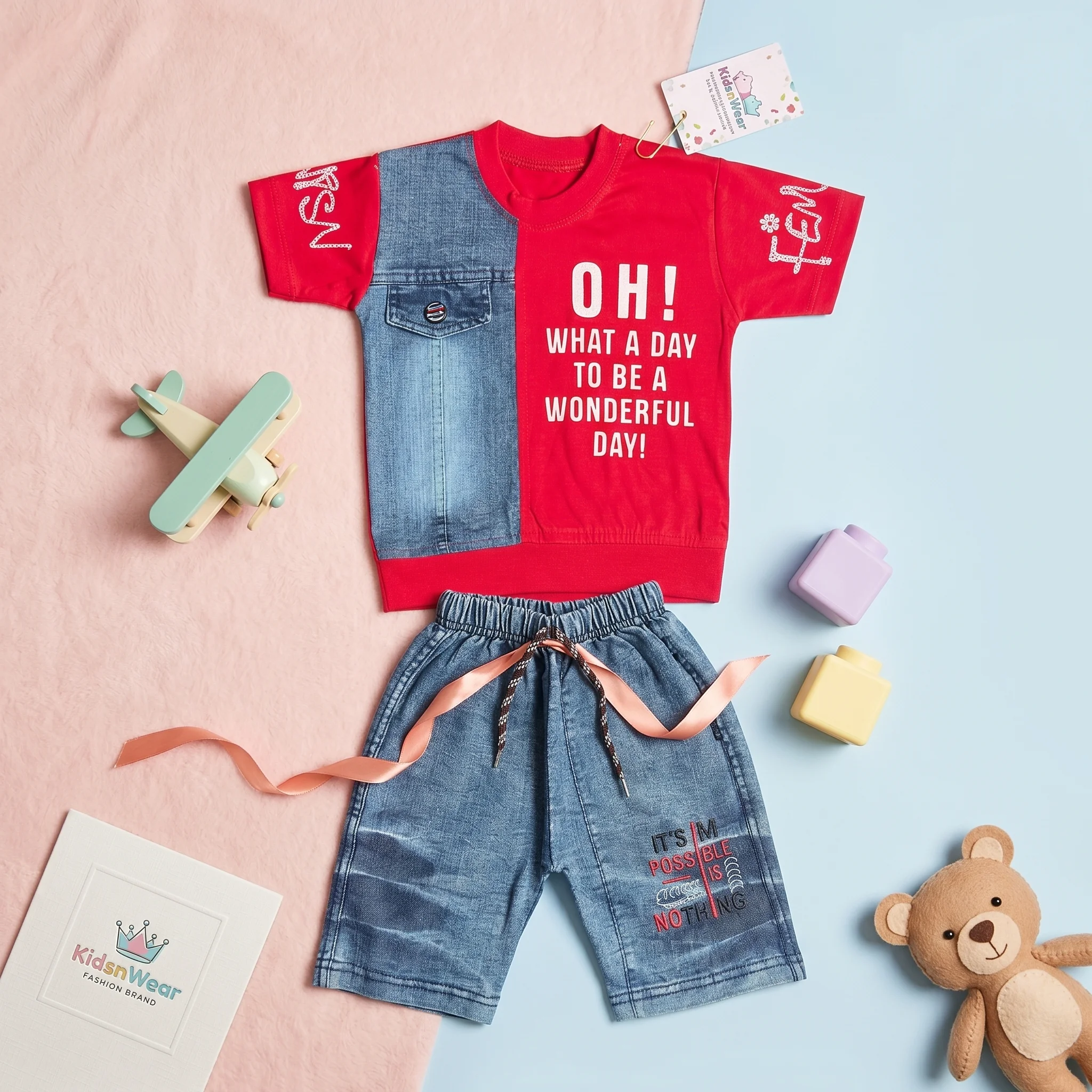 Boys' Typography Graphic Tee and Denim Shorts Casual Set - Image 2