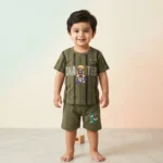 KidsnWear Boys’ Premium Ribbed Interlock Cotton "Skater Bear" Stripe Set - Olive Green