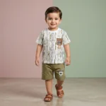 KidsnWear Boys’ Premium Earth-Tone Abstract Stripe Tee and Cargo Shorts Set - Olive Green