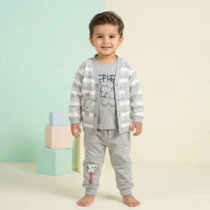 KidsnWear Boys' Premium Grey Elephant Three-Piece Cardigan and Tee Set