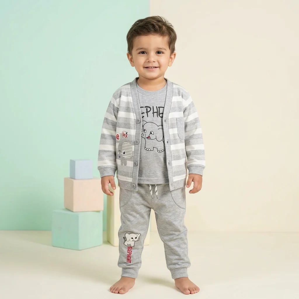 KidsnWear Boys' Premium Grey Elephant Three-Piece Cardigan and Tee Set