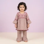 KidsnWear Baby Girls’ Pure Cotton Floral Embroidered Tunic and Bell Bottom Set - Pink