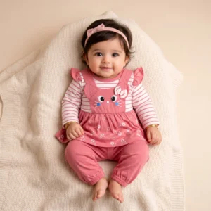 Cute Bunny Premium Cotton Baby Girl Dress Set with Matching Pants – Summer Outfit