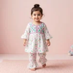 KidsnWear Baby Girls’ Pure Cotton Polka Dot Embroidered Tunic and Ruffled Trouser Set - Green