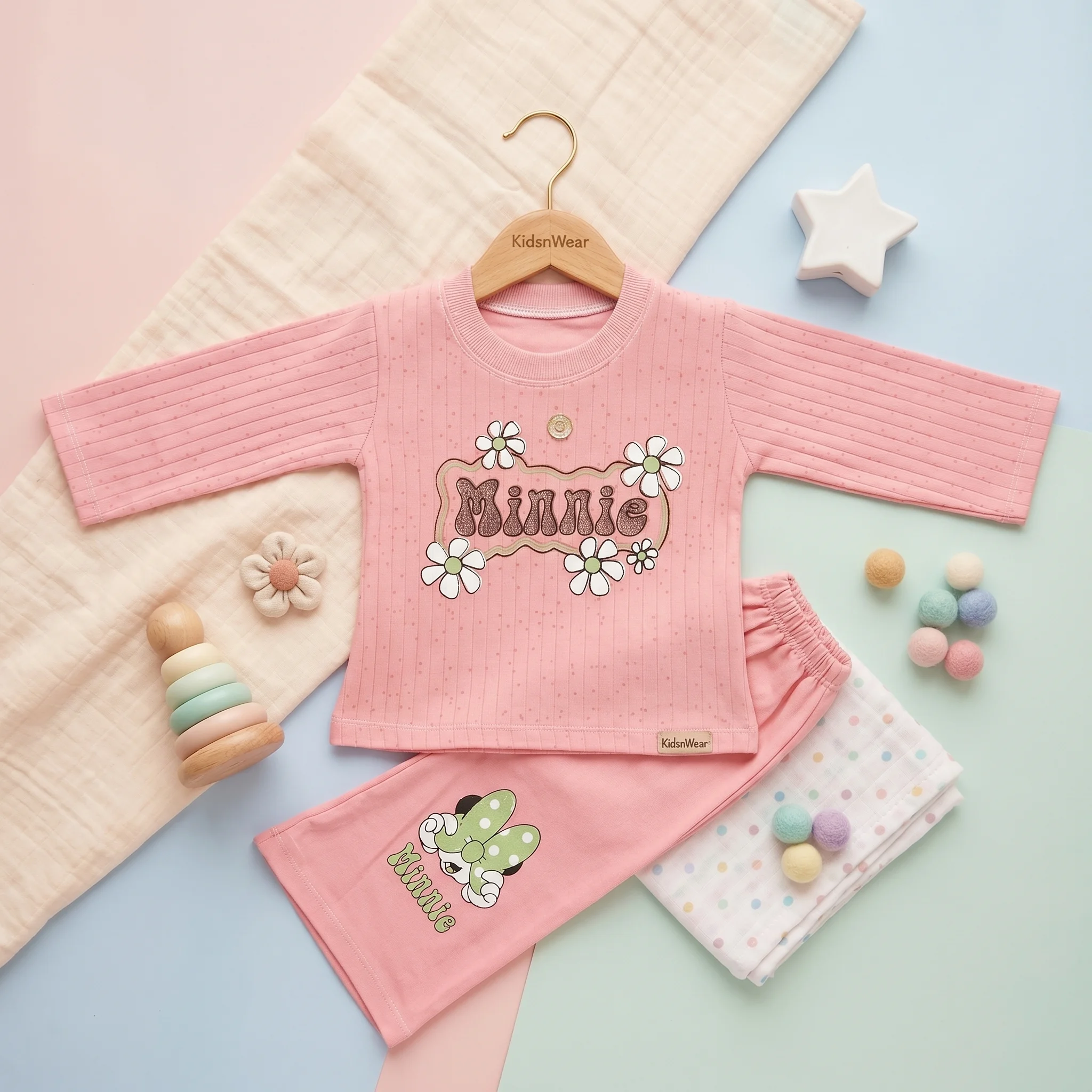 KidsnWear Baby Girls’ Floral Minnie Character Ribbed Lounge Set - Image 4