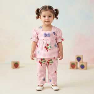 KidsnWear Baby Girls’ Pure Cotton Gingham Strawberry Print Tunic and Trouser Set