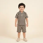 Premium Ribbed Vertical Stripe Polo Shirt and Shorts Luxury Set - Caramel Beige