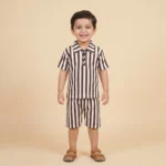 Premium Ribbed Vertical Stripe Polo Shirt and Shorts Luxury Set - Brown