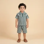 Premium Ribbed Vertical Stripe Polo Shirt and Shorts Luxury Set - Green