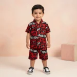 KidsnWear Boys’ Premium Bold Typography Button-Down Shirt and Shorts Set - Red