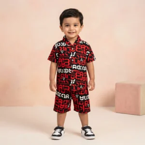 KidsnWear Boys’ Premium Bold Typography Button-Down Shirt and Shorts Set