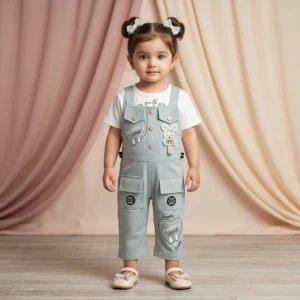 KidsnWear Girls’ Ultra-Luxurious "Barboe Love" Premium Cotton Dungaree and Tee Set