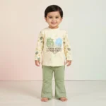 KidsnWear Girls’ Premium Interlock Cotton "Hello" Full-Sleeve Tee and Flared Trousers Set - Sage Green