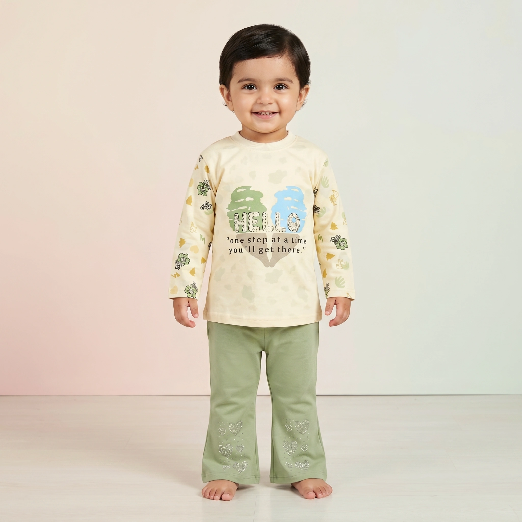 KidsnWear Girls’ Premium Interlock Cotton "Hello" Full-Sleeve Tee and Flared Trousers Set