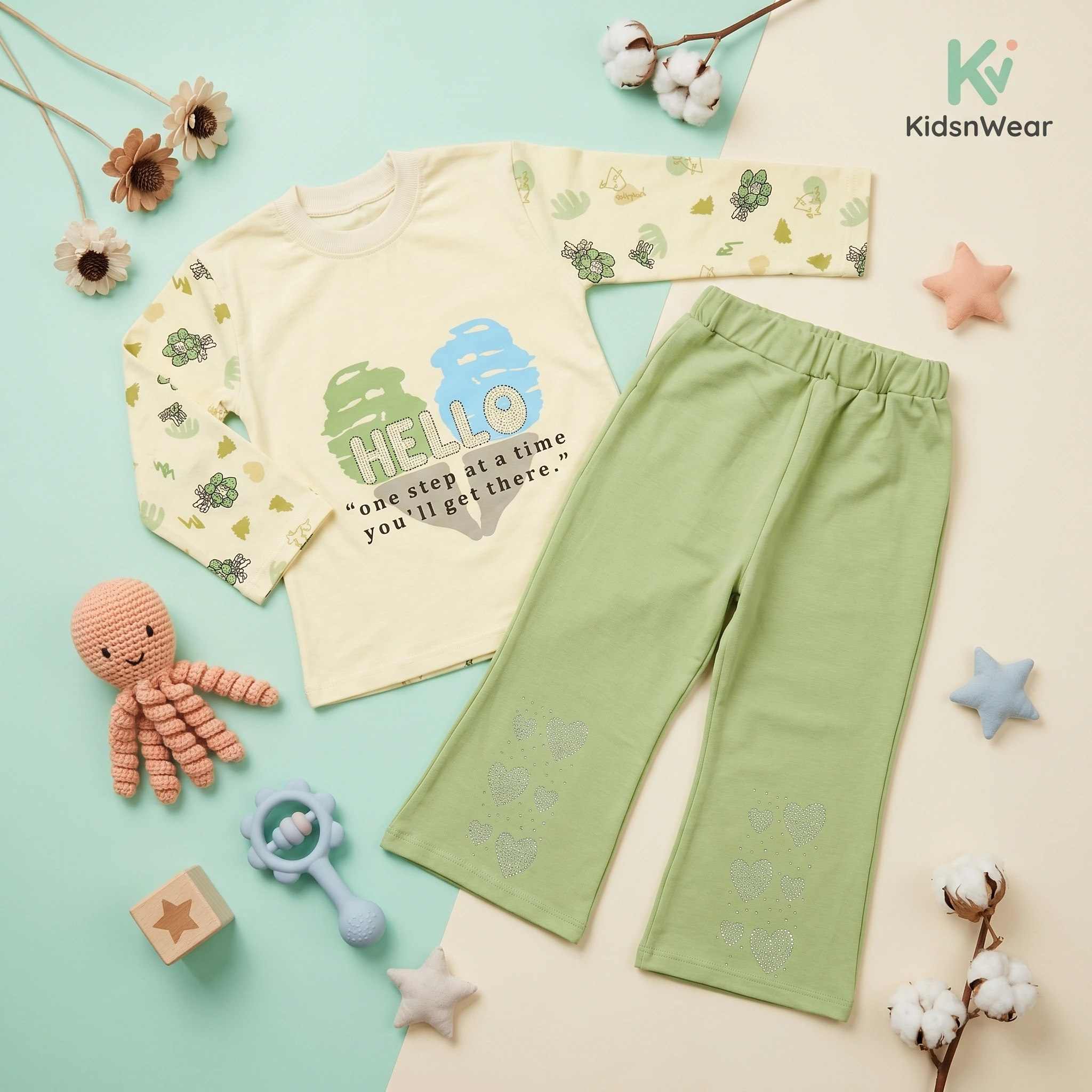 KidsnWear Girls’ Premium Interlock Cotton "Hello" Full-Sleeve Tee and Flared Trousers Set - Image 2