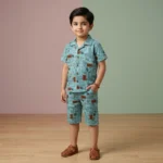 KidsnWear Boys’ Premium Tropical Typography Button-Down Set - Sea Green
