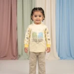 KidsnWear Girls’ Premium Interlock Cotton "Hello" Full-Sleeve Tee and Flared Trousers Set - Skin