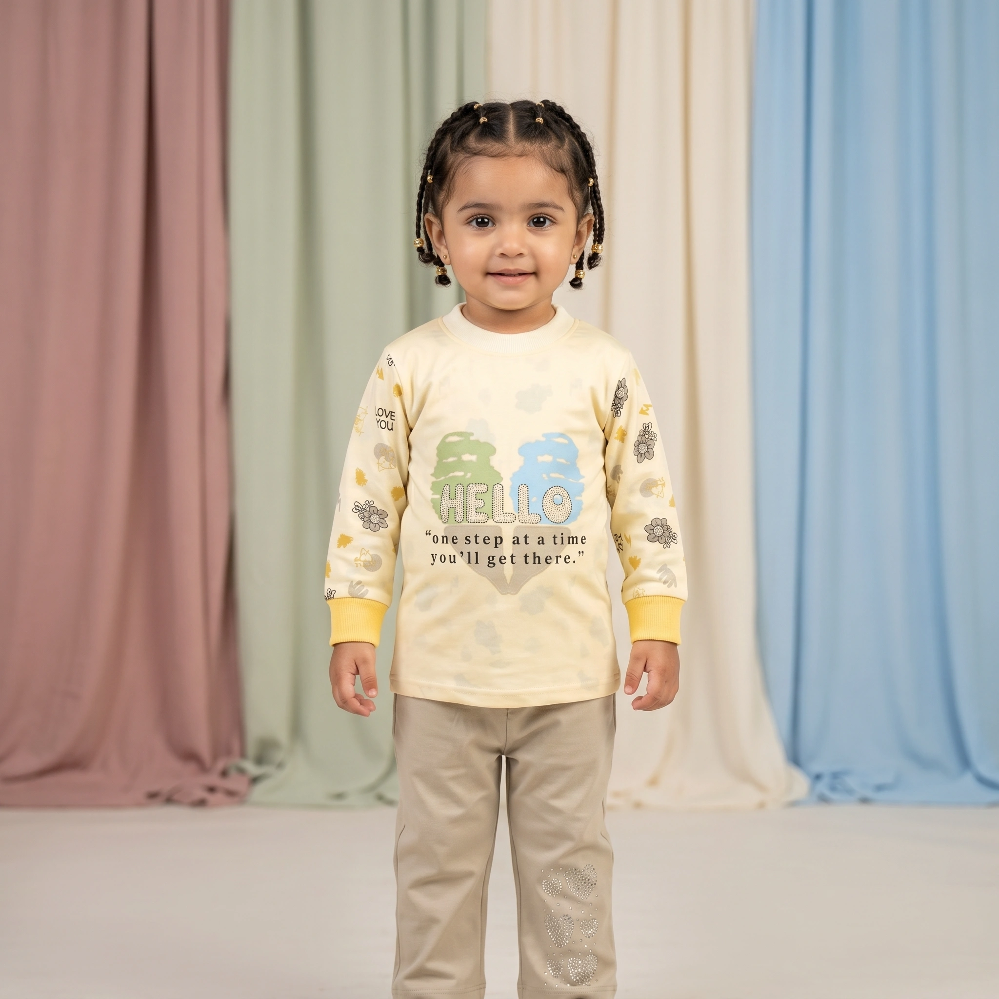 KidsnWear Girls’ Premium Interlock Cotton "Hello" Full-Sleeve Tee and Flared Trousers Set - Image 5