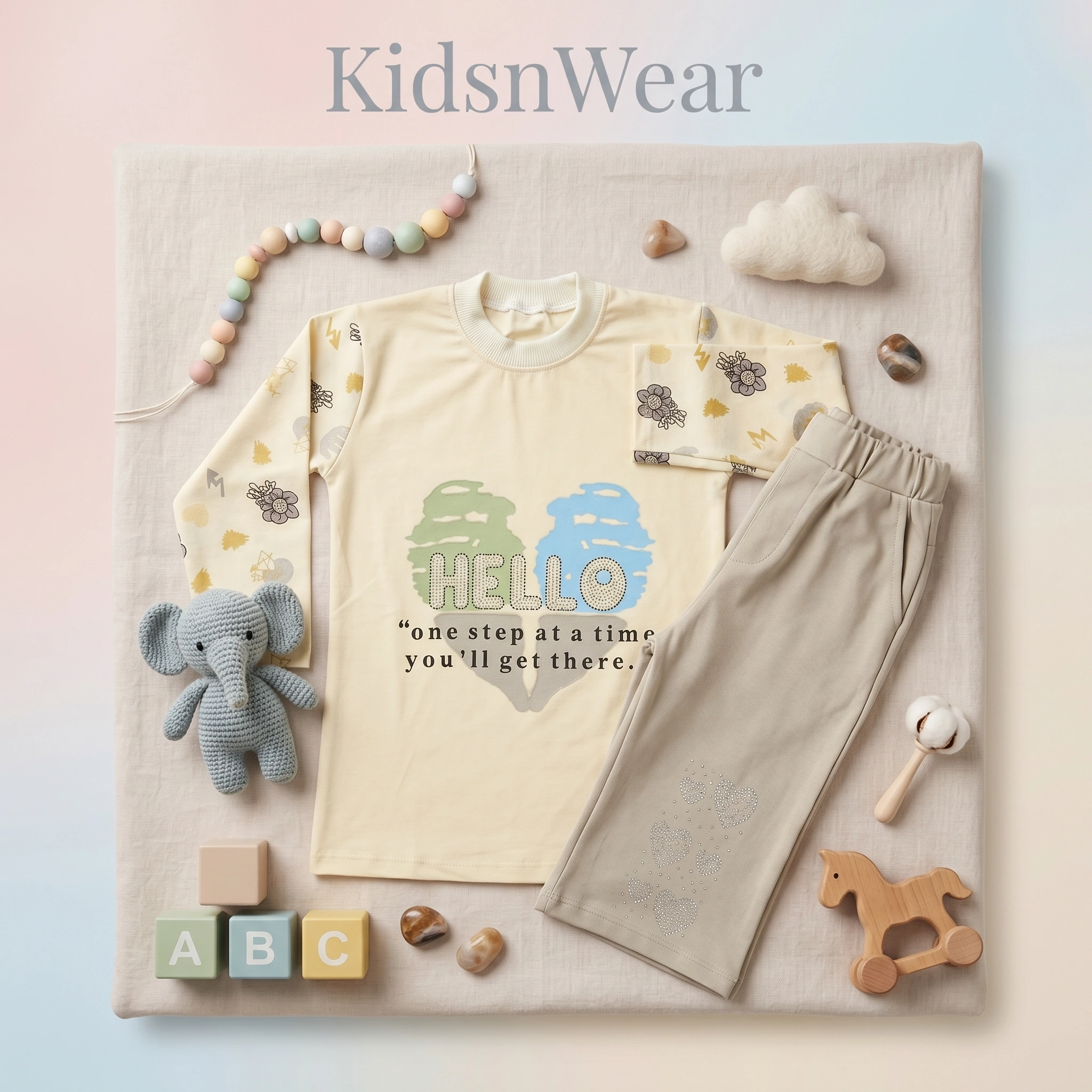 KidsnWear Girls’ Premium Interlock Cotton "Hello" Full-Sleeve Tee and Flared Trousers Set - Image 6