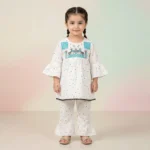 KidsnWear Baby Girls’ Pure Cotton Ethnic Embroidered Tunic and Ruffled Trouser Set - Turquoise