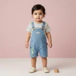 KidsnWear Ultra-Premium Imported Dungaree and Striped Tee Set - White