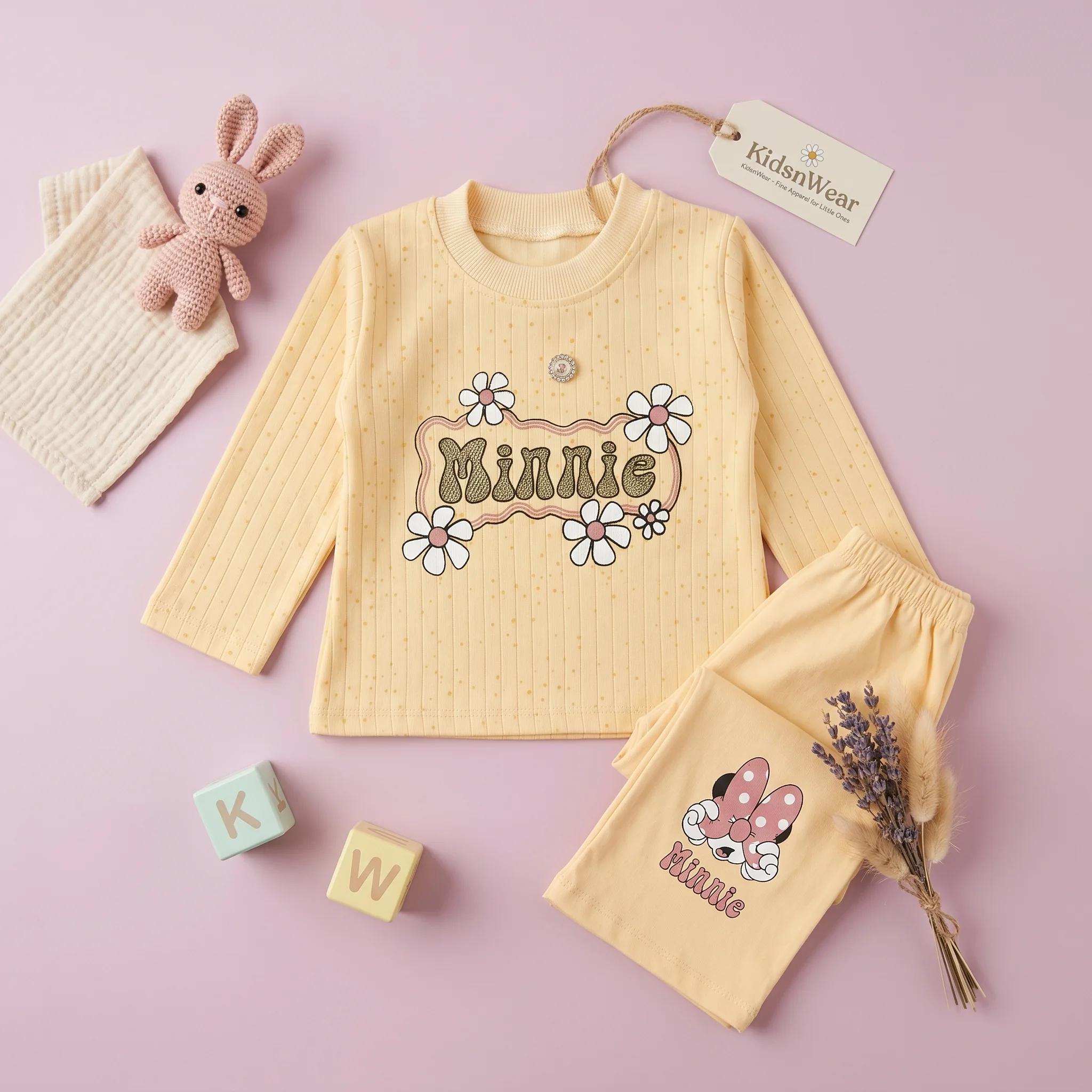 KidsnWear Baby Girls’ Floral Minnie Character Ribbed Lounge Set - Image 6