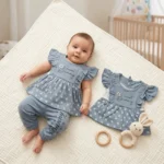 Sweet Bunny Premium Cotton Baby Girl Dress Set with Matching Pants – Summer Outfit - Blue