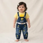 Premium Girls Cotton T-Shirt with Denim Dungaree Set – Soft & Breathable Summer Outfit - Yellow