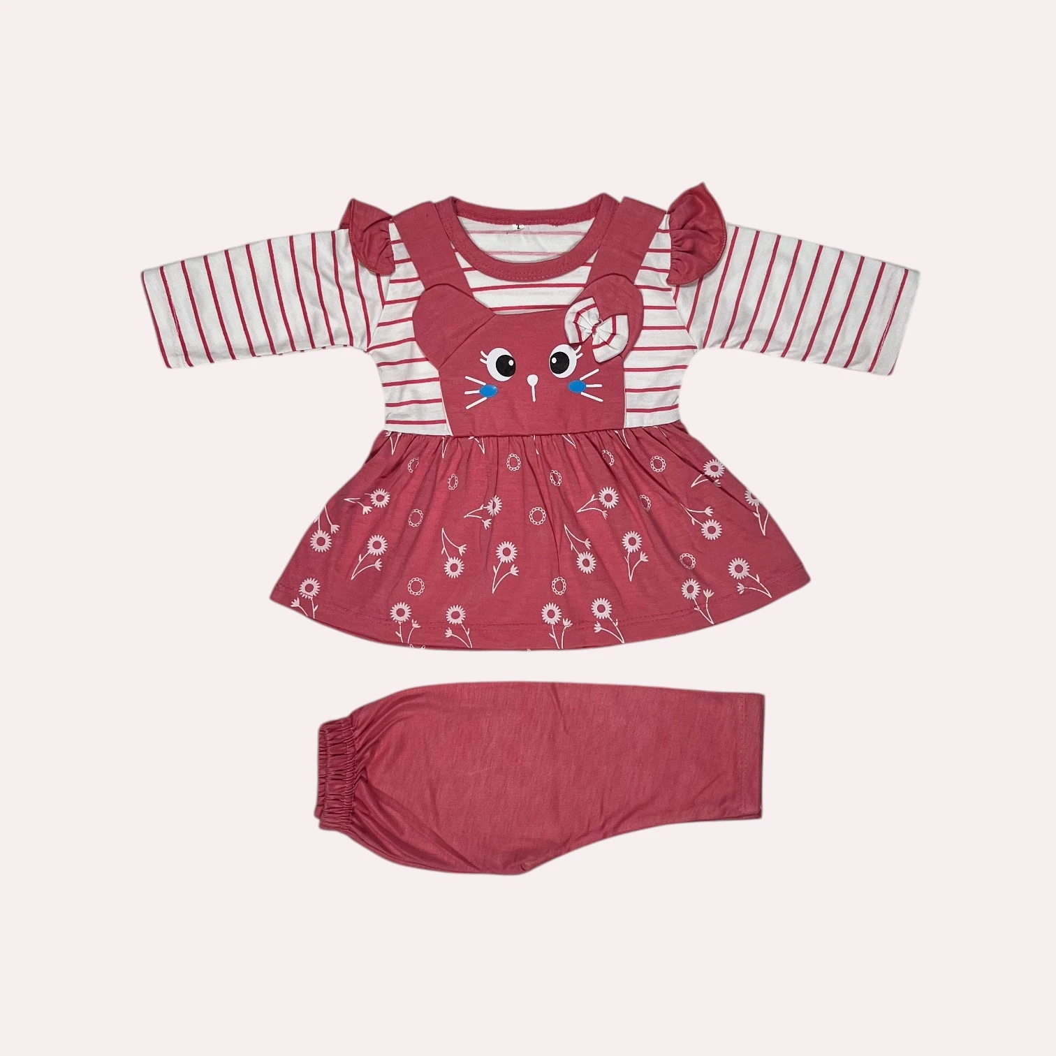 Cute Bunny Premium Cotton Baby Girl Dress Set with Matching Pants – Summer Outfit - Image 2