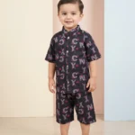 KidsnWear Boys' Premium Typography Button-Down Shirt and Shorts Set - Jet Black